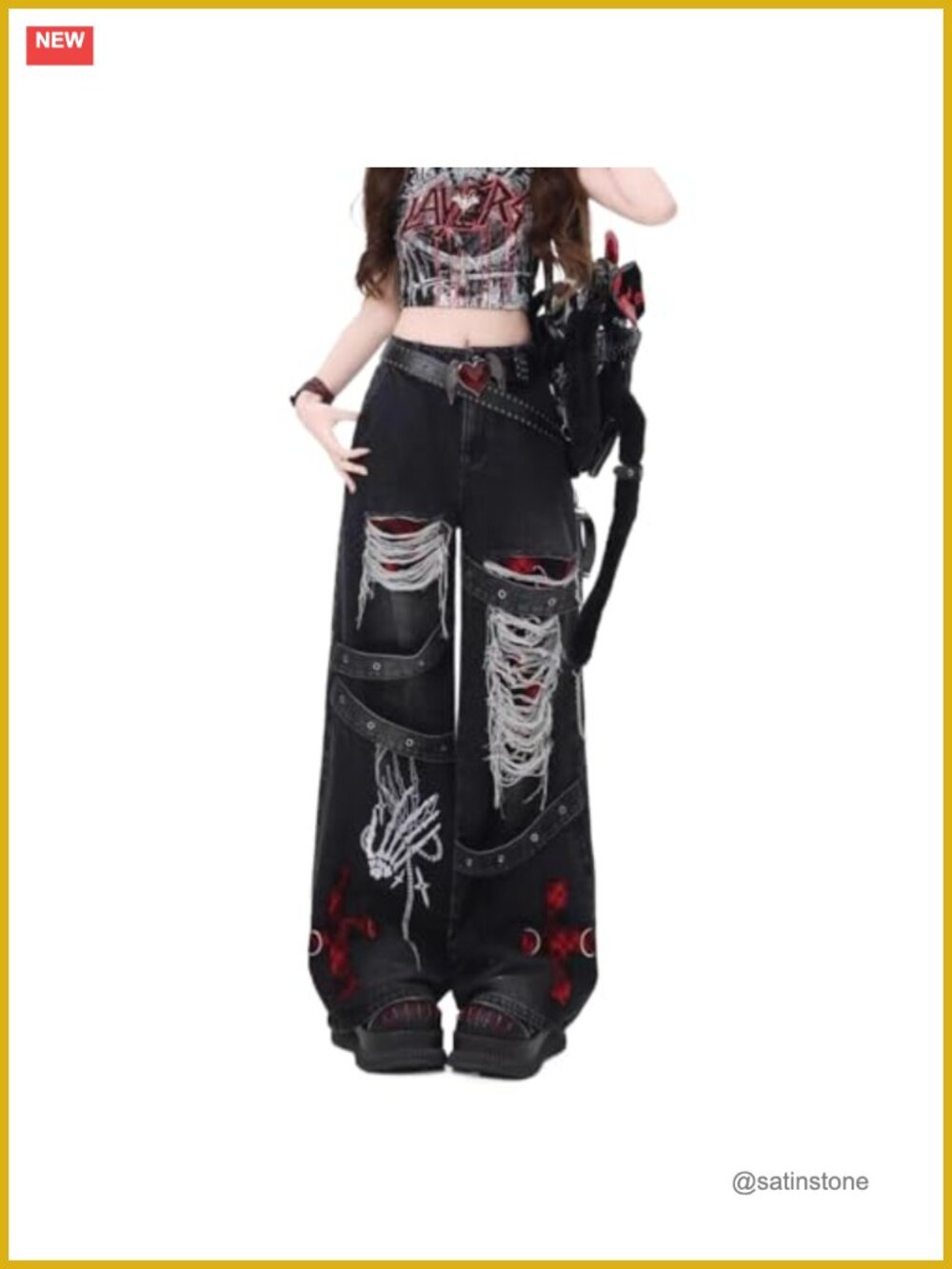Y2K Ripped Grunge Baggy Jeans Pants Emo Women Goth Straight Leg High Waist Alt